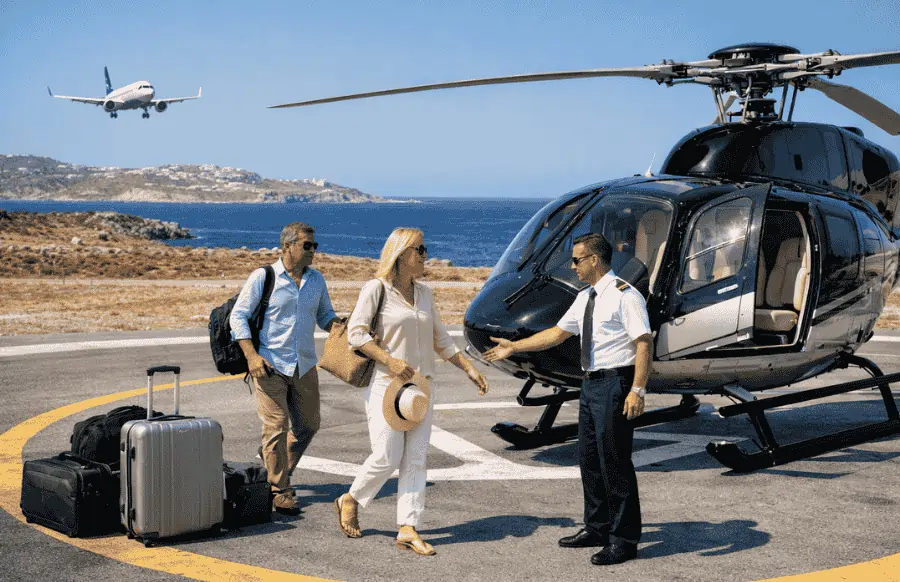 Passengers arriving from a commercial flight continue their journey with a seamless private helicopter transfer from a dedicated helipad in Greece.