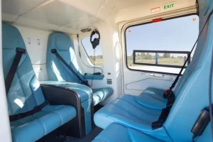 Luxury Airbus ACH135 Mercedes-AMG Petronas F1 helicopter cabin interior during VIP charter flight in Greece