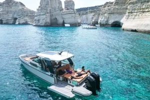 Saxdor 320 GTO luxury yacht anchored near the Kleftiko caves in Milos Greece