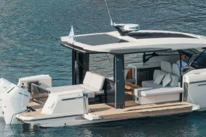 Saxdor 400 GTO yacht deck lounge area with seating and twin Mercury engines in Paros, Greece