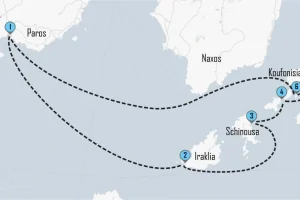 Motor yacht day trip itinerary from Paros to Koufonisia, Iraklia and Schinoussa in the Small Cyclades, showing island hopping route across the Aegean Sea